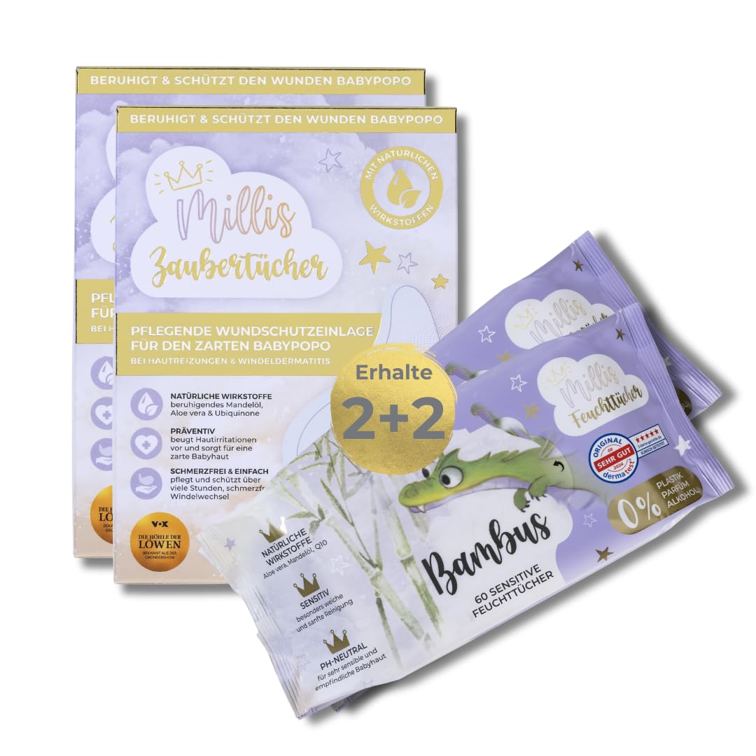 Millis Starterset - 2x25 Zaubertücher + 2x60 Feuchttücher - Sanfte Pflege für empfindliche Babyhaut - Ideal bei Windeldermatitis - Ohne reizende Zusätze - Für den Wickeltisch und unterwegs