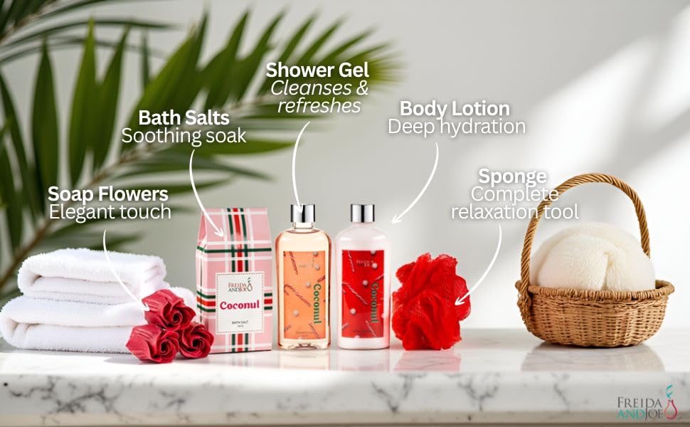 Coconut Spa Gift Basket Bath & Body Set with Shower Gel, Body Lotion, Bath Salts, Soap Flowers, Bath Sponge in a Wicker Basket (Red & Green Set) – Mother's Day Gift for Mom - Image 2