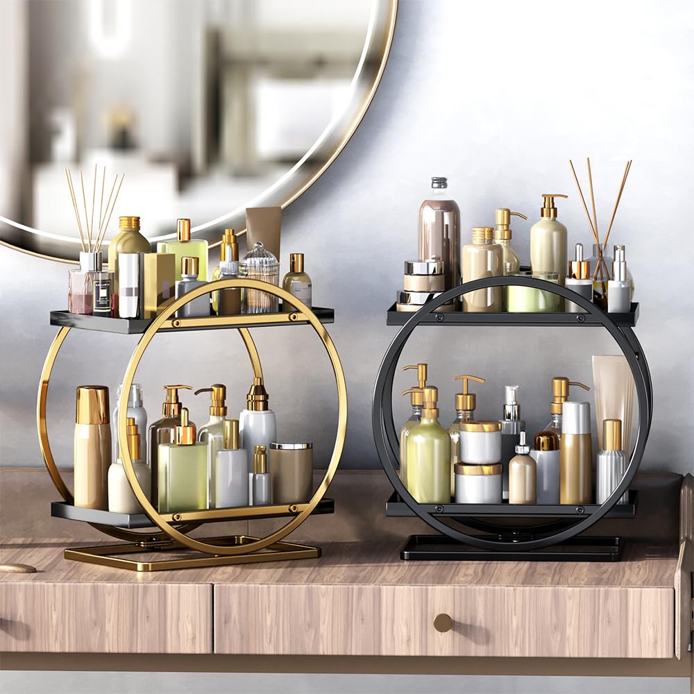 NUODWELL Make-up-Organizer für Schminktisch, 2-stöckig, Badezimmer-Arbeitsplatten-Organizer, Hautpflege, Kosmetik-Aufbewahrungsregal, Metall, Parfüm-Organizer für Schlafzimmer, Kommode (schwarz, rund)