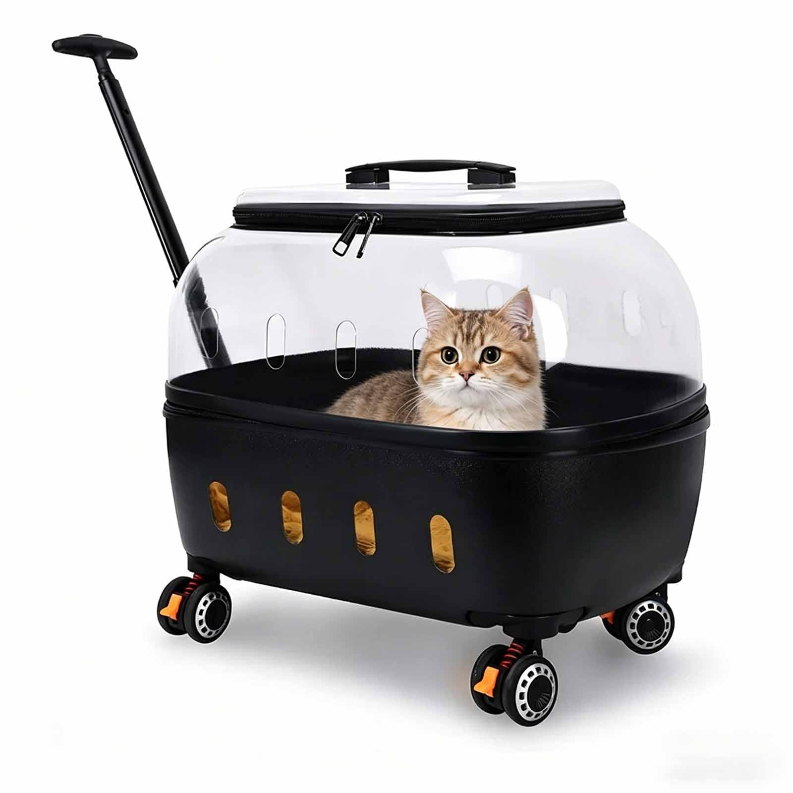 LIULIQ Transparent Breathable Cat Carrier, Pet Trolley Case with Silent Rolling Wheels, Telescopic Handle & Clear Ventilation Holes, for Cats & Small Dogs Up To 10kg for Traveling Hiking