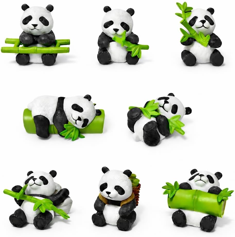 PANDAIII 8PCS Mini Panda Figurines Set, Resin Panda Decor with Bamboo, Miniature Garden Accessories for Bonsai, Terrarium, Home Desk Decoration & DIY Landscape Display (8)