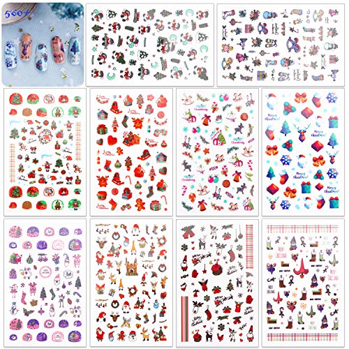 HOWAF 560+ pcs Navidad Nail Art Stickers Calcomanías, Navidad 3D Uñas Art Pegatinas Autoadhesiva Decorativas para Niñas Mujer Navidad Maquillaje Artículos Decoración Manicura Cover