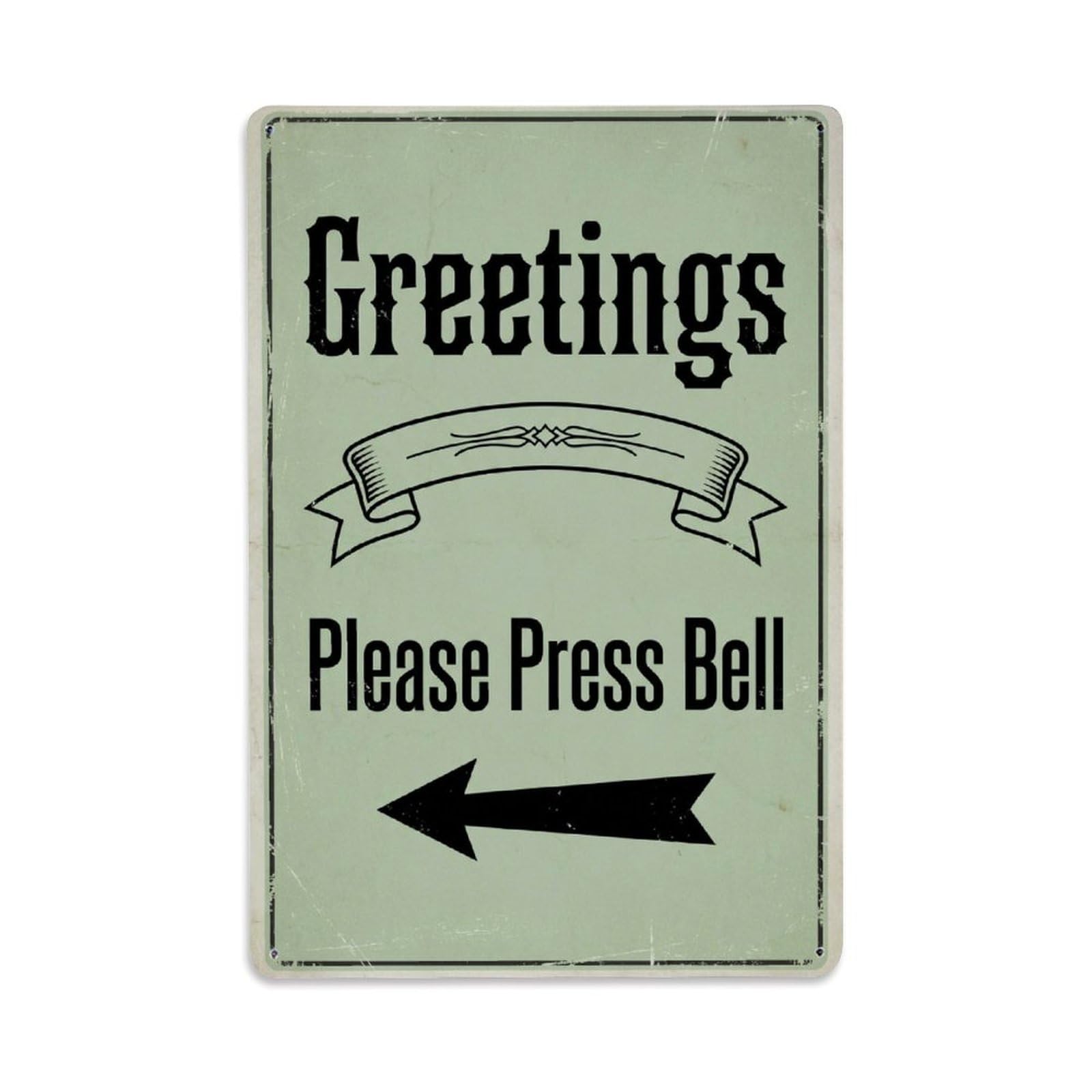 Metal Tin Sign Vintage Greetings Please Press Bell Arrow Ribbon