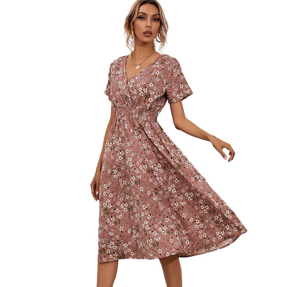 XIVISTO Vestido de Verano para Mujer Midi Floral Casuales Cuello en V Elegante Manga Corta Cintura Elástica Vestido Playa