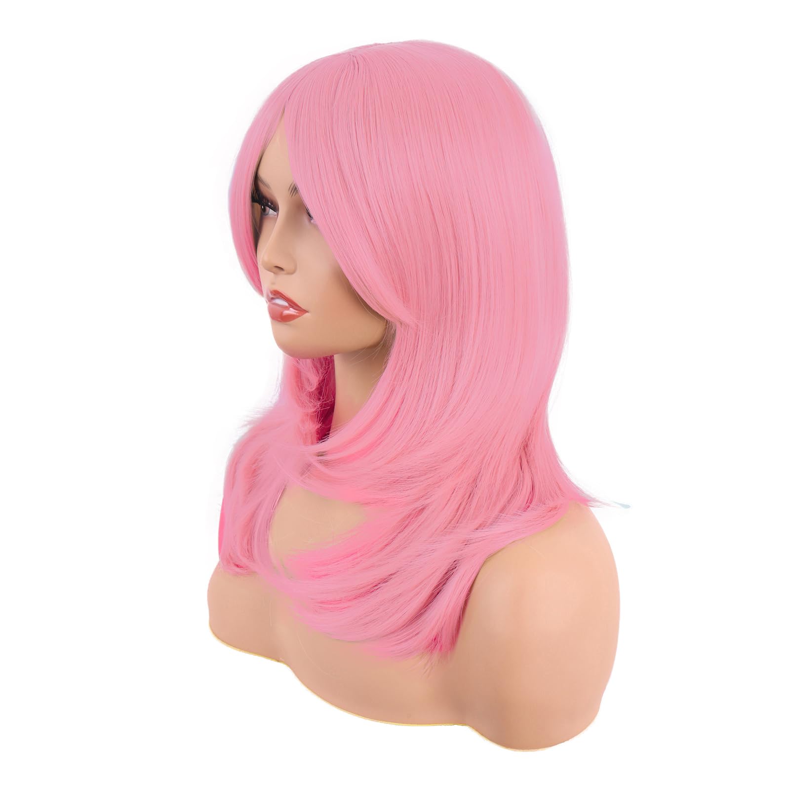 MapofBeauty 20 Inch/50 cm Long Layered With Bangs Straight Synthetic fiber Shoulder Length Hair for Daily Use or Party Wig (Light Pink) - Image 3