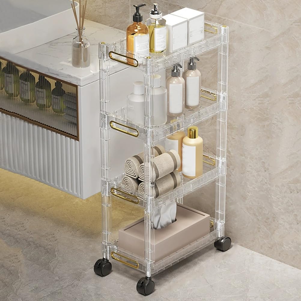 asdchZen Clear Acrylic Rolling Cart - 4-Tier Mobile Storage Trolley For Kitchen Bathroom & Utility - Versatile For Snacks Fruits & Vegetables