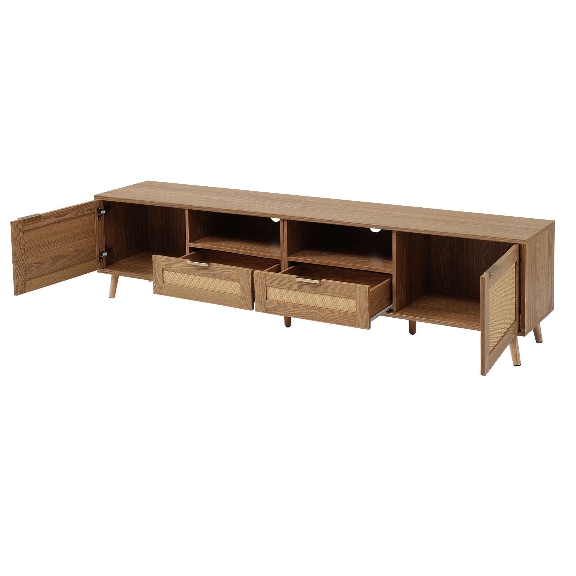 Mobile TV in rattan con piedi in legno massello, per TV fino a 49", larghezza 200 cm, effetto rovere, regolabile in altezza, stile rustico