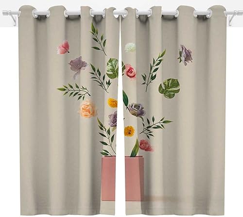 Cortinas florales beige para sala de estar, 2 paneles, cortinas de armario, decoración de ventana de 55 pulgadas de ancho x 55 pulgadas de alto