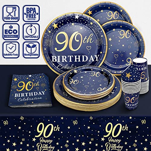 Image of 90th Birthday Decorations Plates and Napkins Blue and Gold, Service for 30, 90th Birthday Party Bundle Supplies Includes Navy Blue Plates, Napkins, Cups for Men Women
