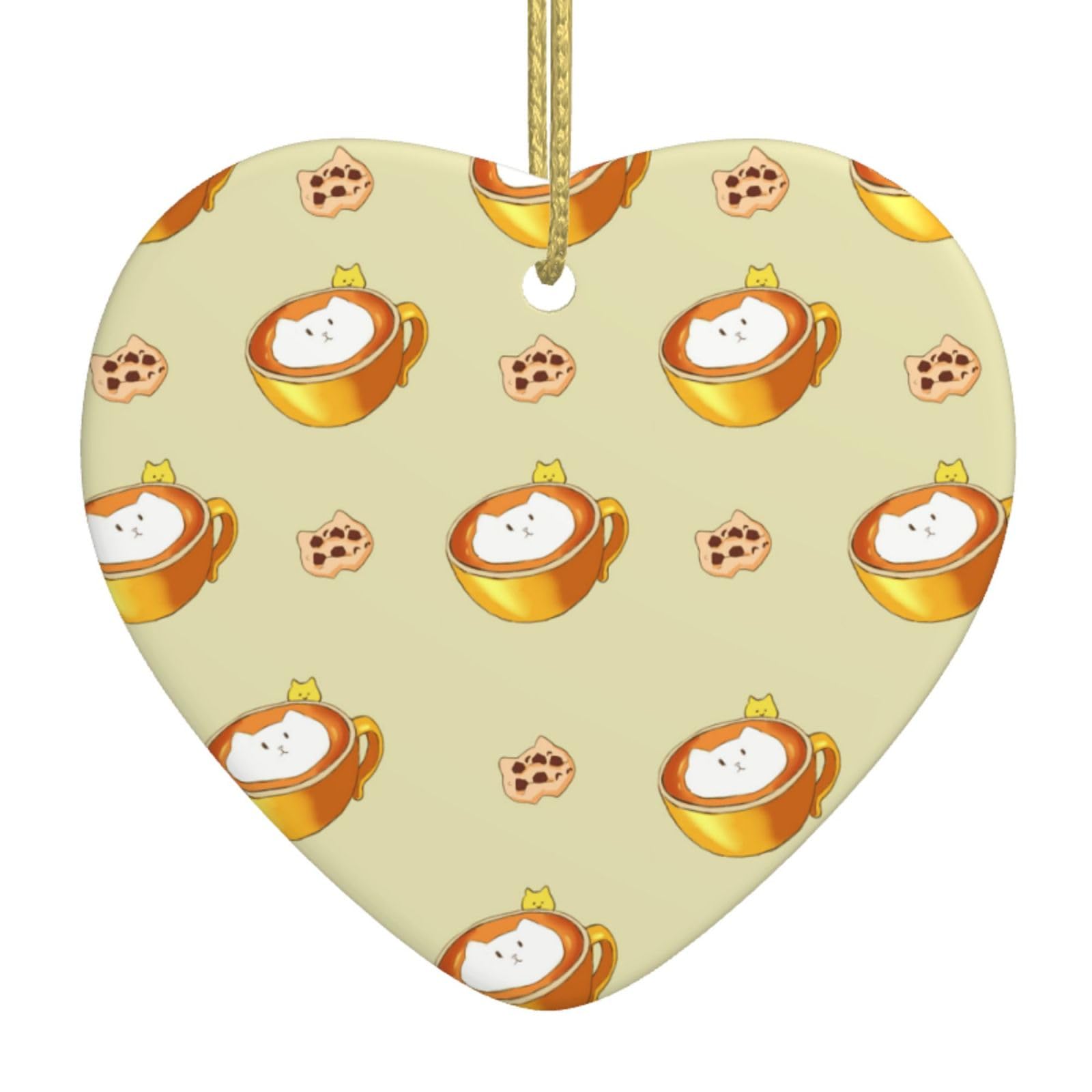 Cartoon cat Coffee Ceramic Christmas Heart Pendant with Silk Thread, Christmas Tree Home Decoration