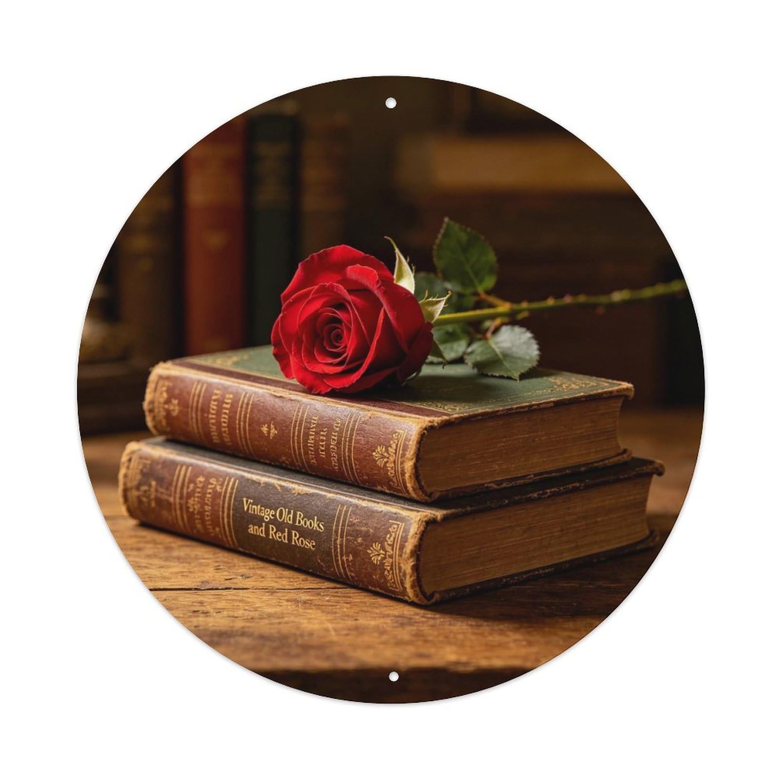 Vintage Old Books And Red Rose Metal Tin Sign Plaque