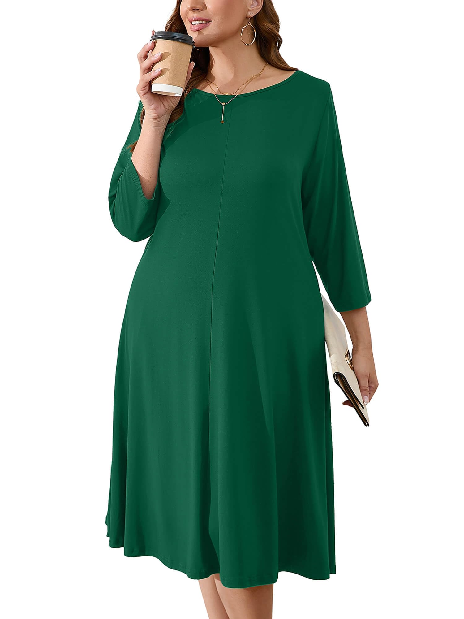 AusLook Women's Plus Midi Dresses Crew Neck A Line 3/4 Sleeves Casual Elegant Loose Wedding Vacation Dress with Pockets