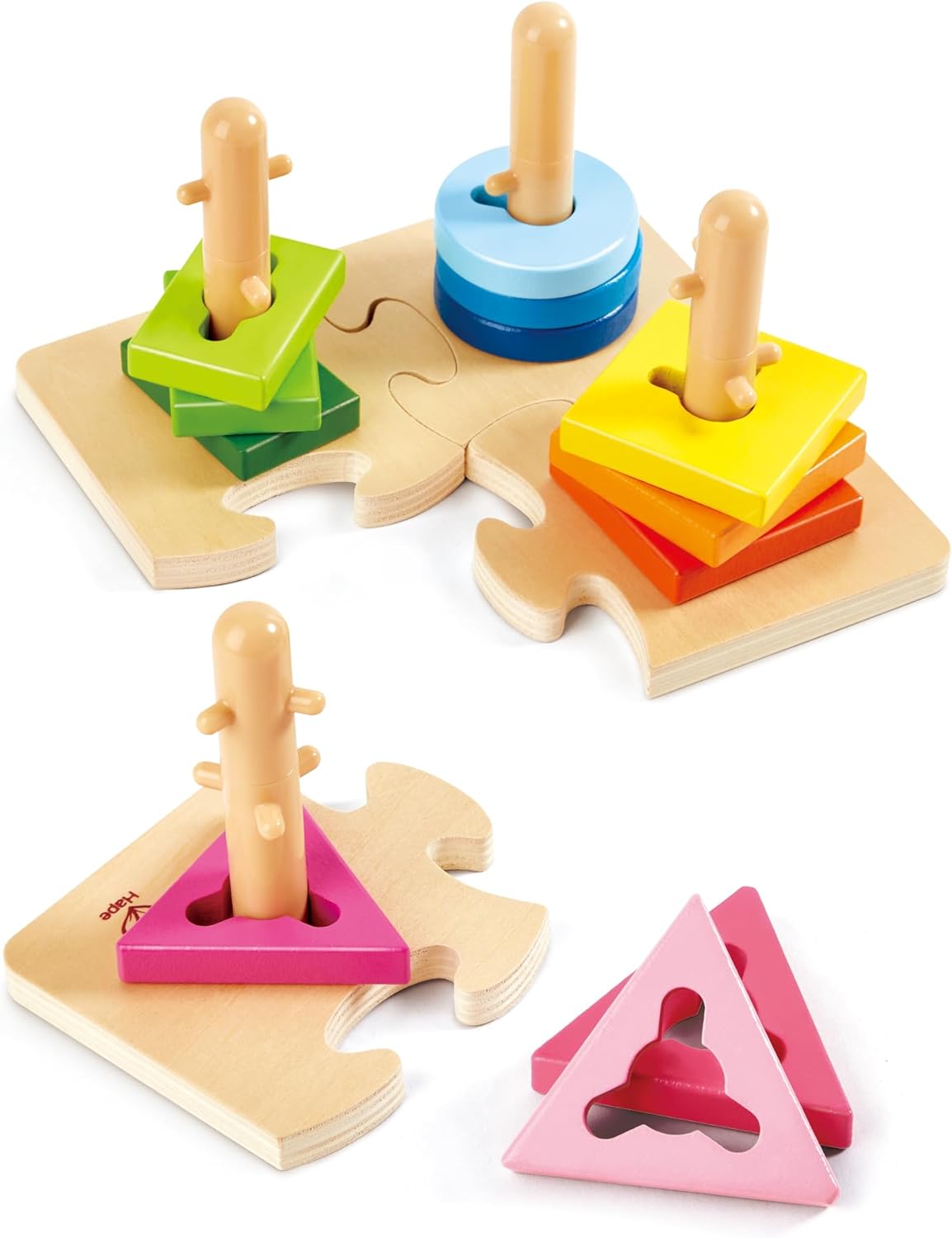 Hape Wooden Creative Peg Puzzle| Shape Sorter Stacking Peg Puzzle| Montessori Color Recognition Stacker Toy for Toddlers