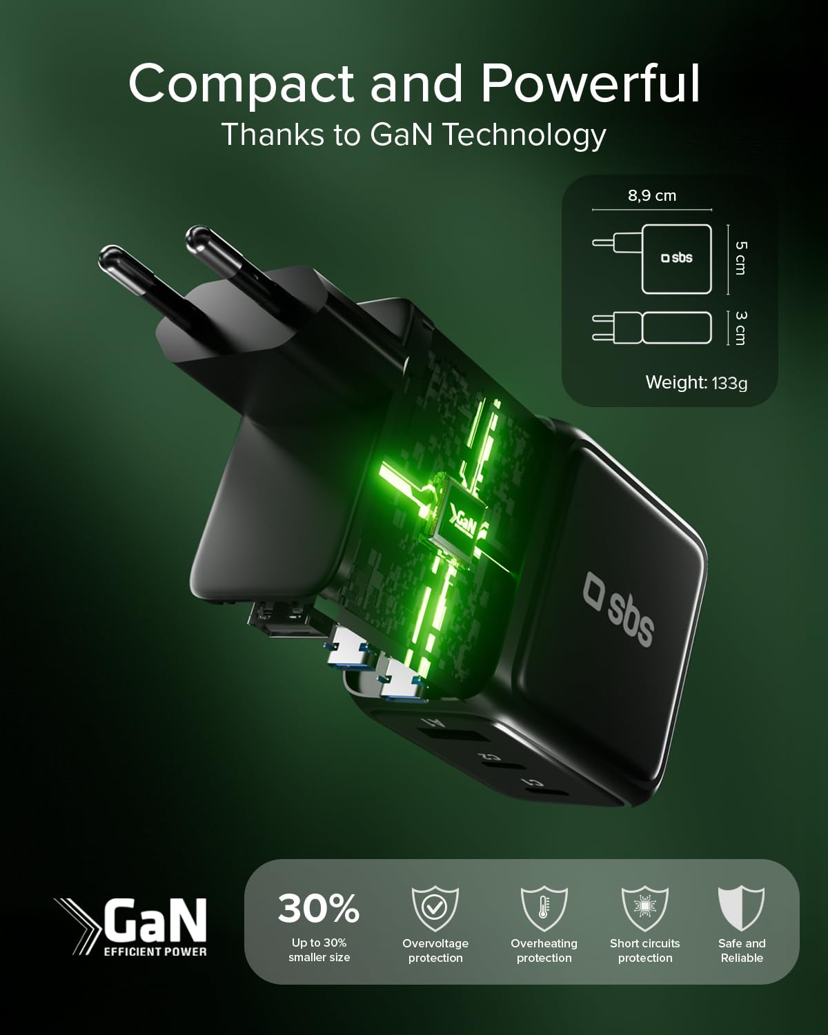 SBS Pulse Power 70 W USB-C, GaN Technology, Power Delivery (PD 3.0 PPS), inteligentny wyświetlacz AI, sterowanie dotykowe, AFC, szybkie ładowanie, do Laptopa, Tabletu, iPhone’a i Androida