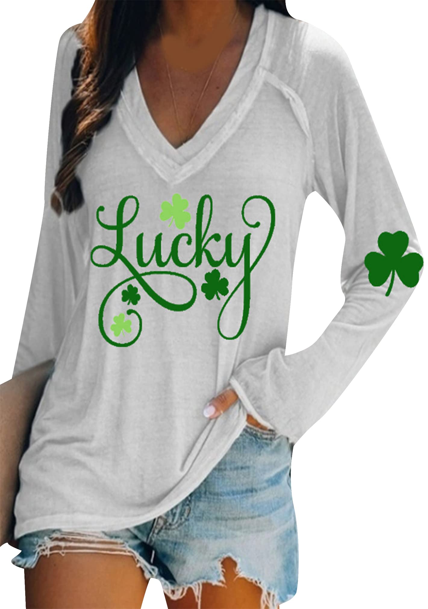 BOFETA Women St Patricks Day Sweatshirts Loose Long Sleeve Shirts Green Shamrock Print Blouse Flowy Color Block Pullover Tops