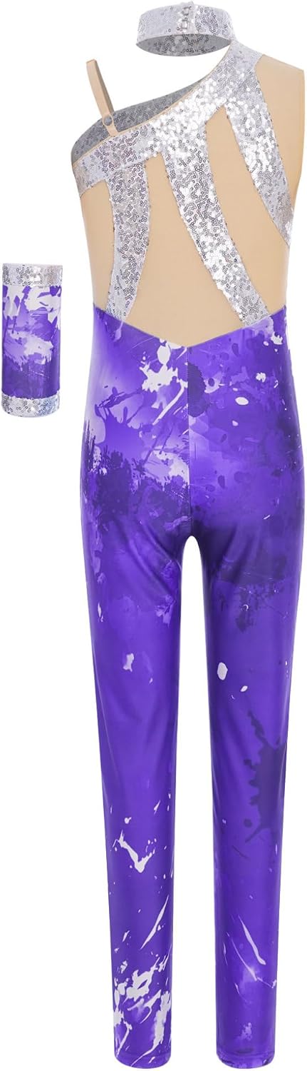 Hansber Girls Kids Figure Skating Jumpsuit Shiny Sequins Printed Unitard with 1Pc Glove for Rhythmic Gymnastics