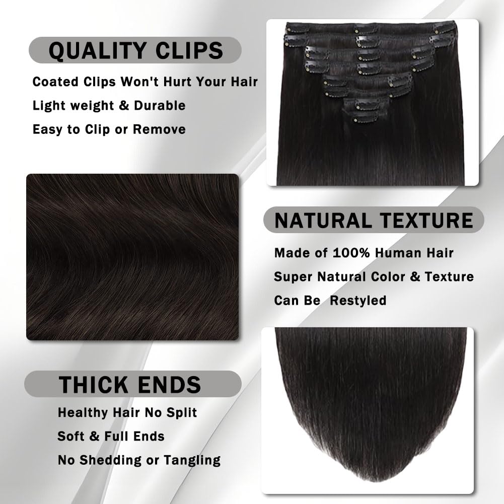 Clip in Hair Extensions Real Human Hair Straight 20Inch Hair Extensions Clip ins for Women Remy Human Hair 105g 8Pcs Natural Black