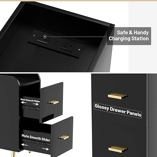 Miniatura 6 de Mesita de noche con luz LED, estación de carga, 3 cajones profundos y estantes, moderna mesa auxiliar de madera con parte delantera brillante para