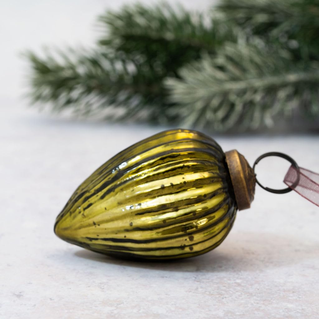 Arthur Cameron Olive – Small 2" Crackle Glass Pinecone Ornaments – Hand-Blown Small Christmas Tree Decorations For Traditional Christmas Trees & Winter Wonderland Displays (Olive)