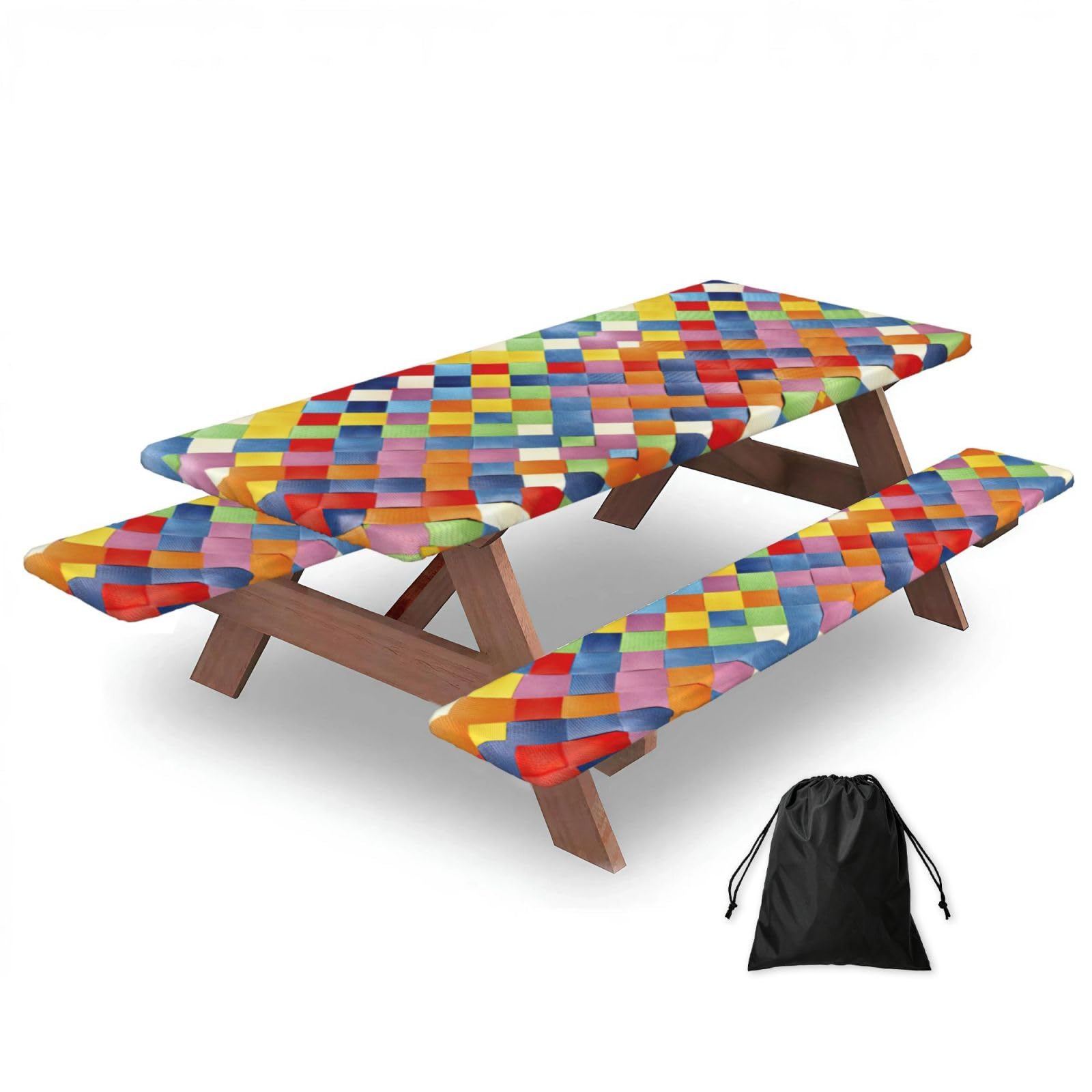 Duwaa Black Colorful Plaid Print 183Cm Picnic Table Cover With Bench Covers, Waterproof Elastic Tablecloth Set For Outdoor