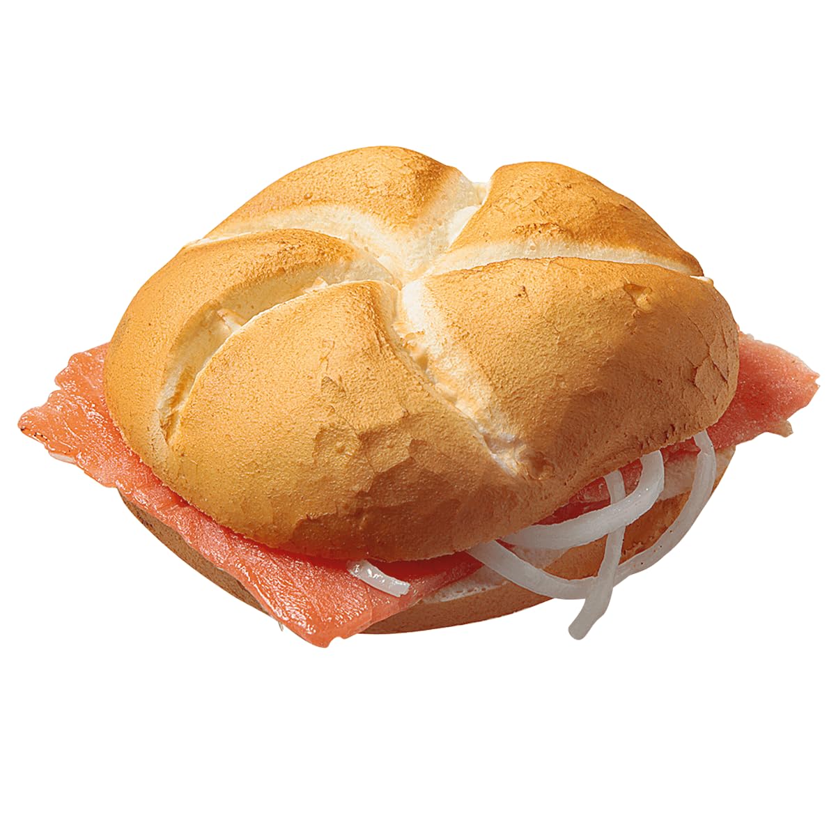 Deko Lachs-Brötchen 12 x 4 cm beige Dekorationsbedarf Naturgetreue Lebensmittel Attrappe - Künstliches Lachs-Semmel- Food Dummy Plastikessen - Dekoration