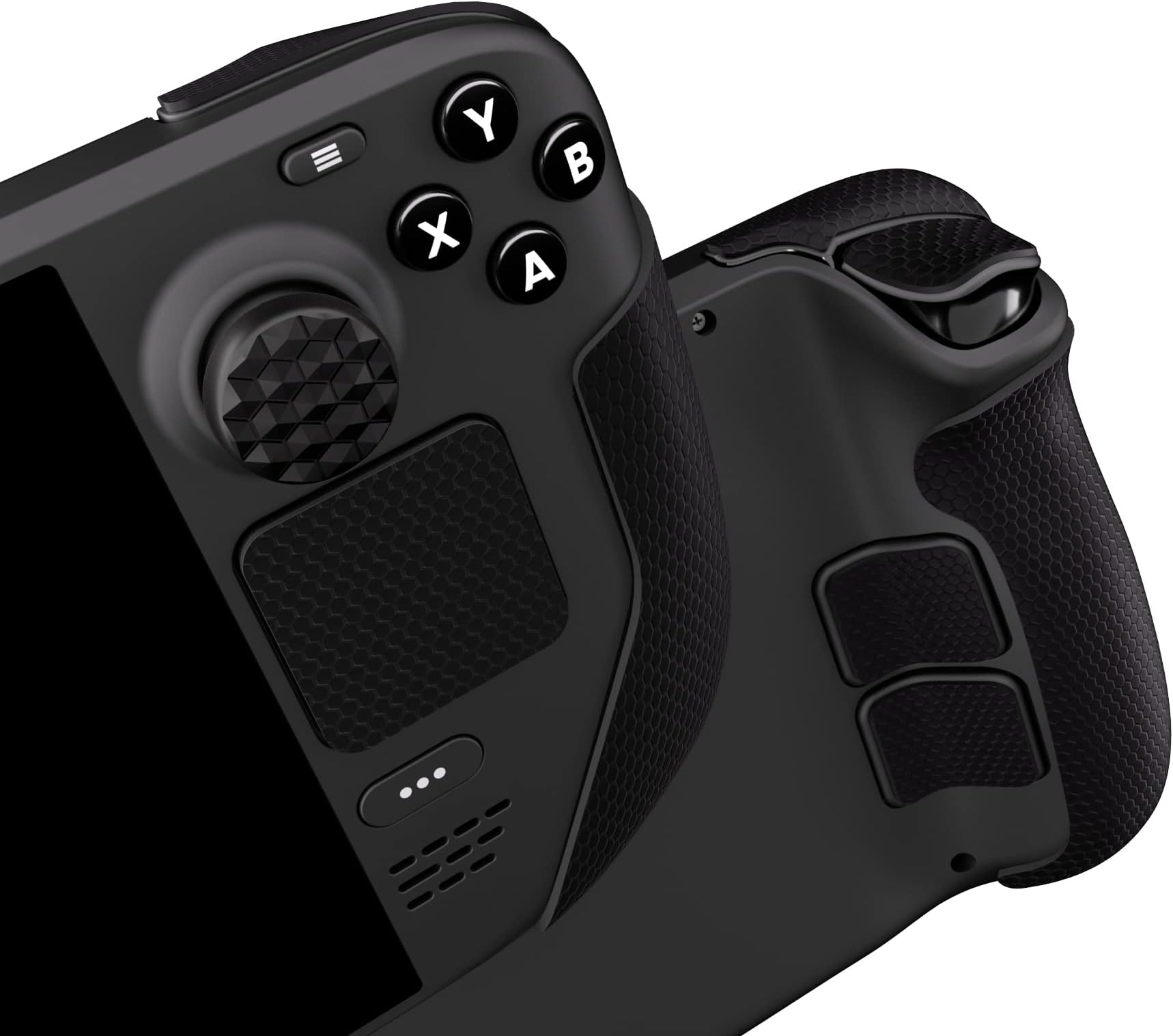 PlayVital Professional Textured Soft Rubber Pads Handle Grips for Steam Deck LCD & OLED, Trackpads Skin Grip Enhancement Back Button Protective Stickers Set with Thumb Caps - Honeycomb Textured Black