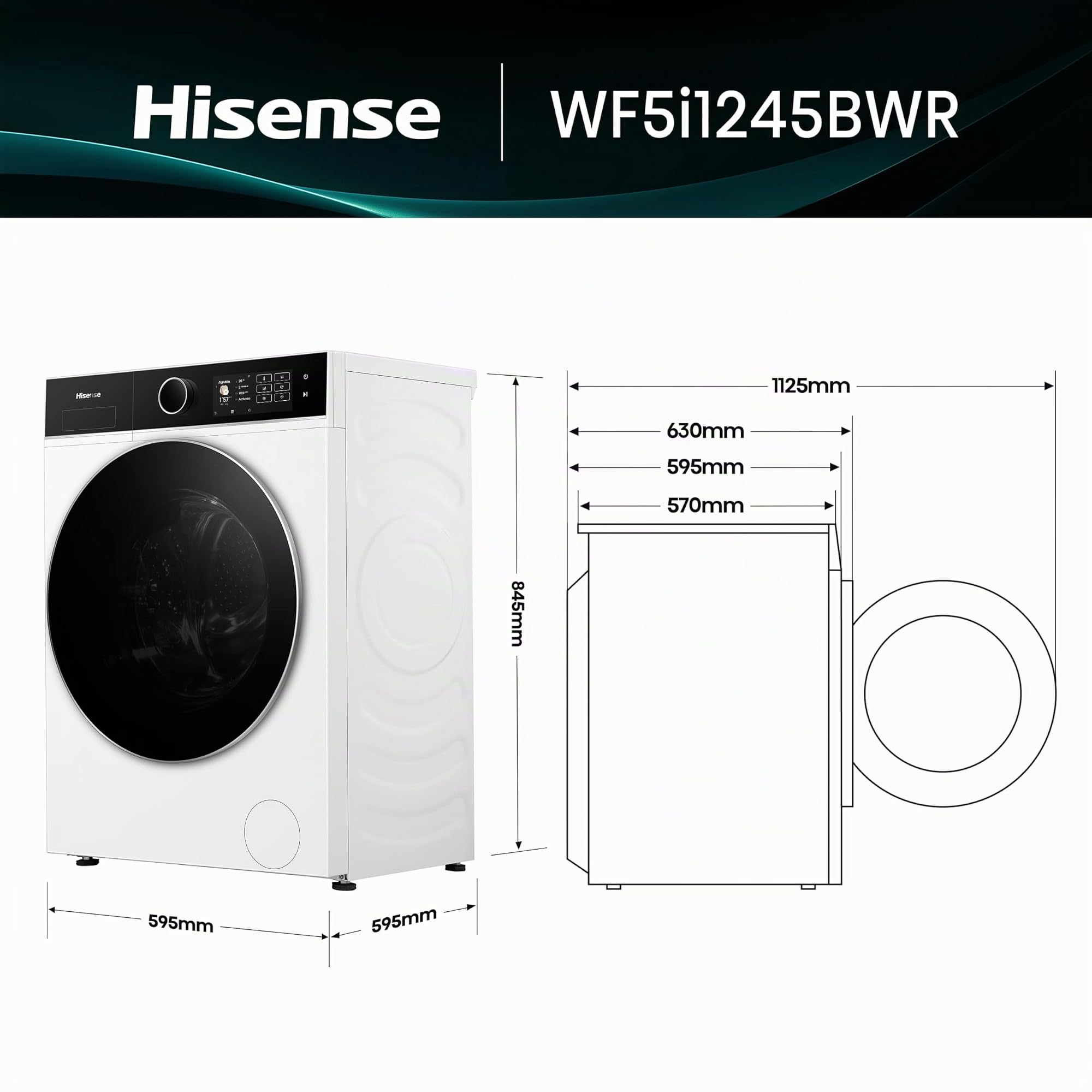 Hisense WF5I1245BWR - Lavadora 12 Kg, Clase A-40%, 1400 rpm, AutoDose, puerta cristal, fondo reducido 59,5cm, ancho 59,5cm, alto 84,5cm - Color Blanco