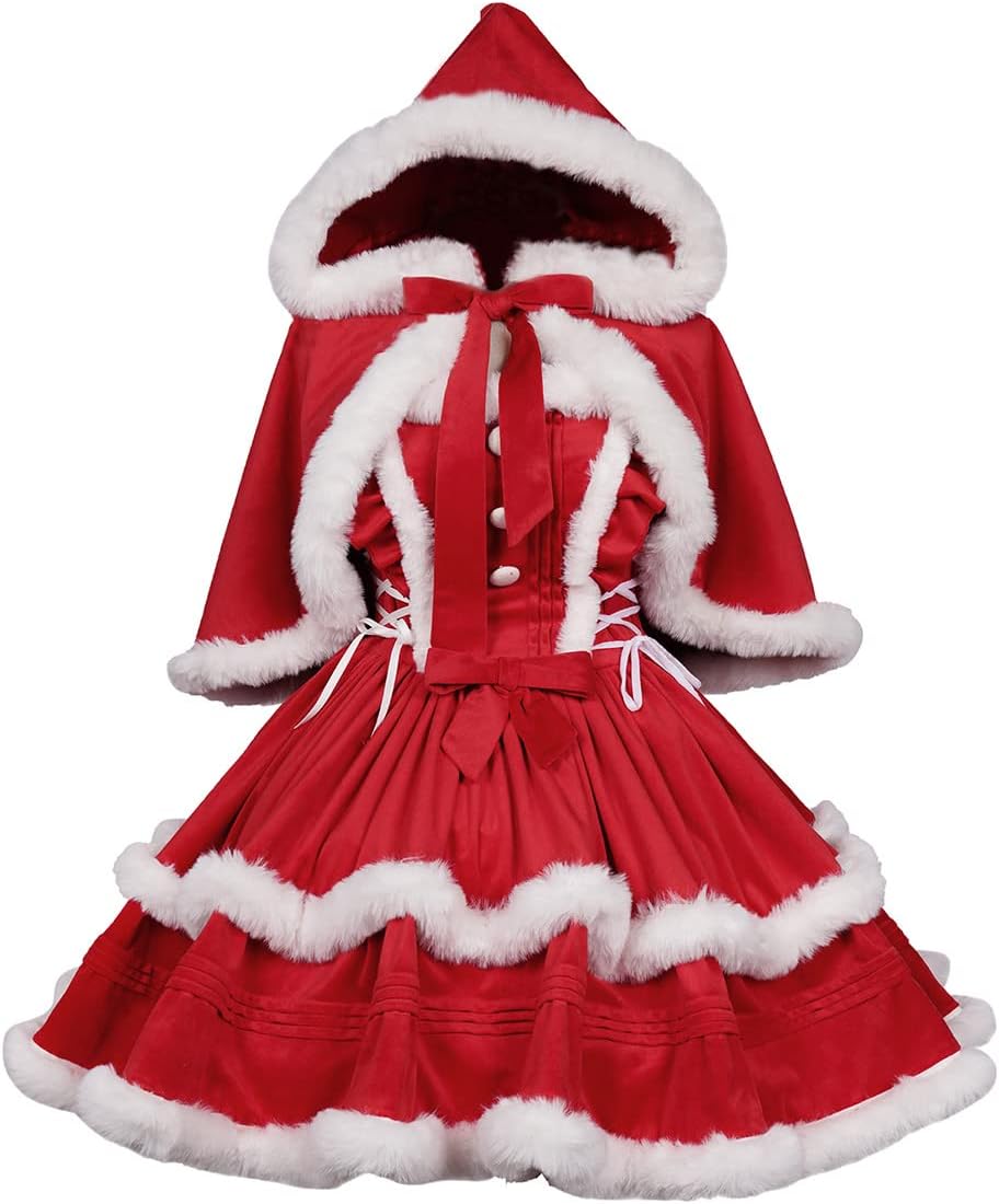 Oiefeen Women's Christmas Dress Skirt and Hooded Cloak Match