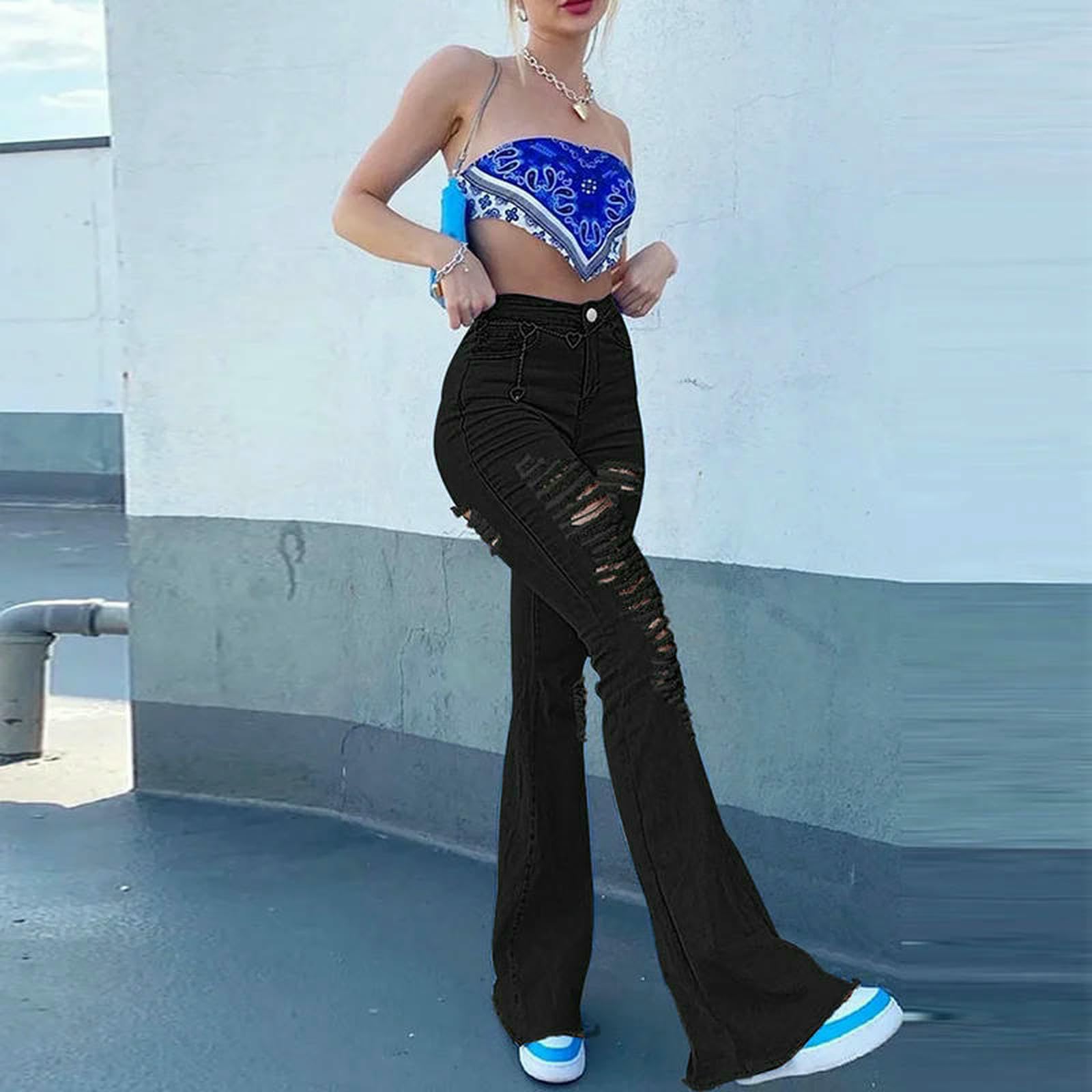 WANGQIQI Jeans Donna Strappati Neri A Vita Alta da Donna-Nero-XL