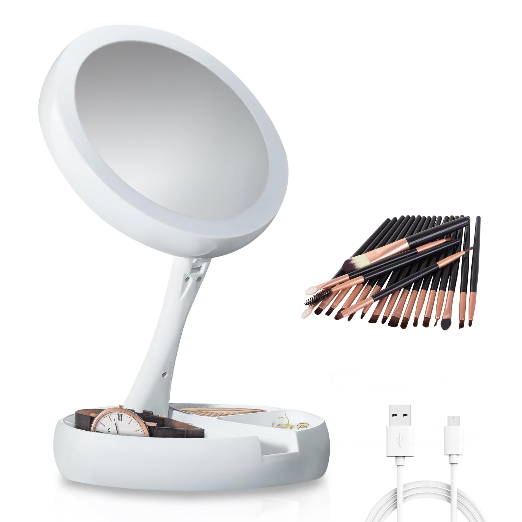 VITALIF Espejo Maquillaje con Luz LED y Aumento 10X, Redondo y Plegable con Set de 20 brochas de Maquillaje, Espejo Giratorio y portátil Ideal para Viajes.
