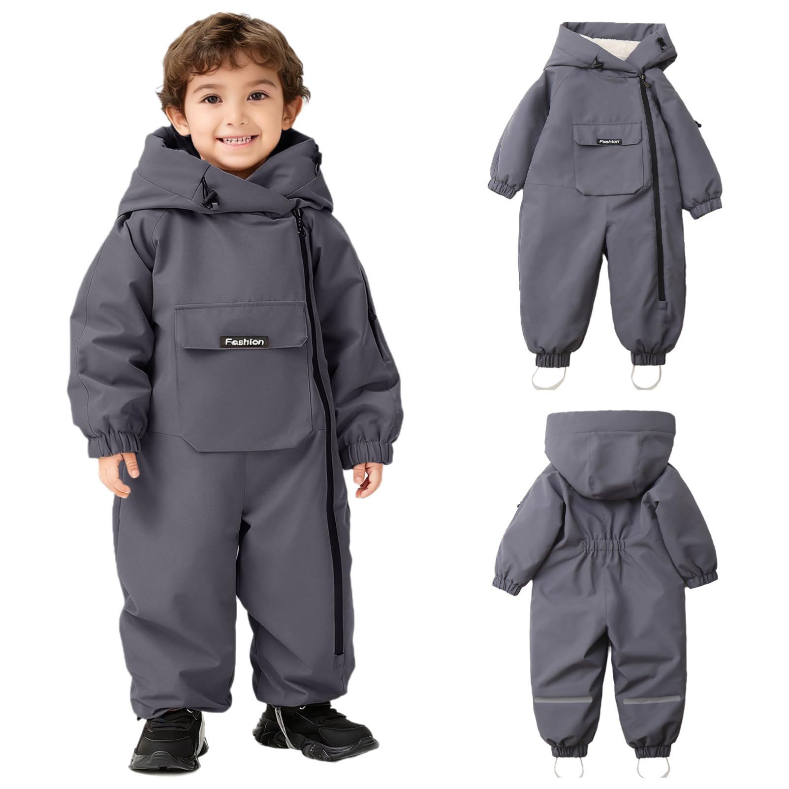 CHICTRY Tuta da Neve Intera per Neonato Neonata Pagliaccetto con Cappuccio Body in Pile Overall Jumpsuit Manica Lunca con Zip Tuta Invernale Snowsuit Grigio 3-4 anni