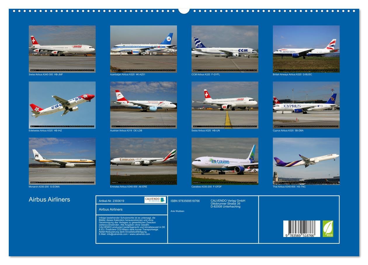 CALVENDO - Airbus Airliners (hochwertiger Premium Wandkalender 2027 DIN A2 quer), Kunstdruck in Hochglanz: Die Airbus Familie deckt heute das ganze Airline Spektrum ab.
