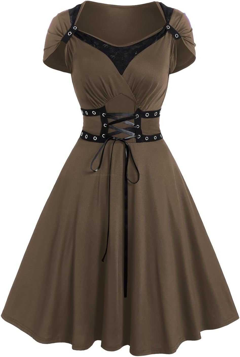 DRESSFO Gothic Vintage Victorian Vampire Retro Solid Grommet Lace Up High Waisted Mini Dress