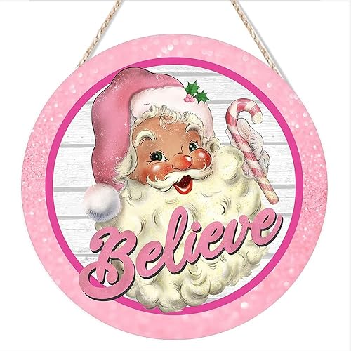Mocozim Letrero redondo retro con texto en inglés Believe Pink Santa Pastel Candy Christmas Redondo para decoración de pared, letrero de madera para