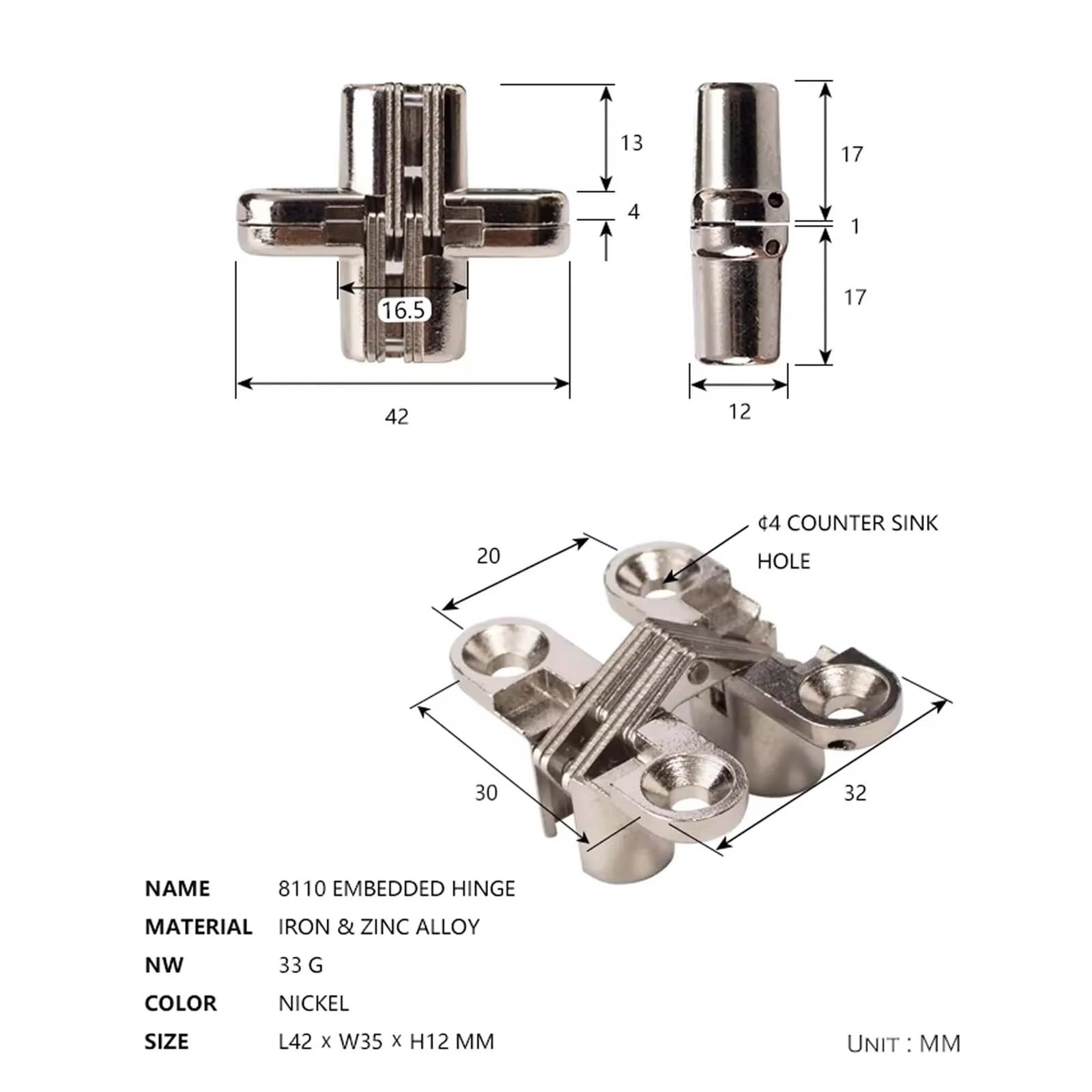 Bisagra invisible de 180 grados, aleación de zinc, color níquel, for puerta plegable invisible.(Nickel 4 pcs)