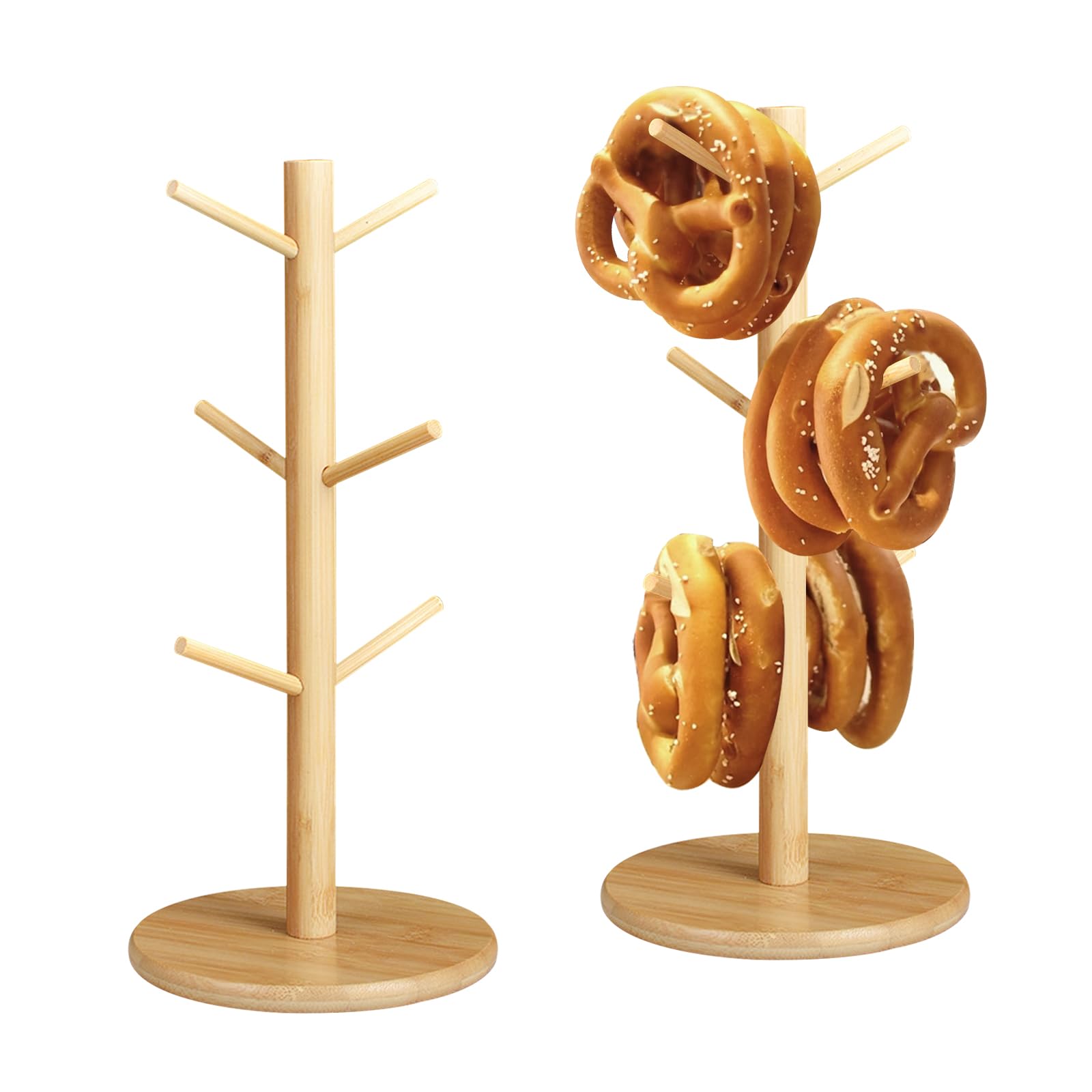 2 Stück Brezelständer, Holz Brezelhalter in Baumform, Donut Ständer Snack Display, 6-armig, Höhe 35cm, für Brezeln Würste Laugenbrot, Küchen,Cafés,Bäckereien,Restaurants (Runder Sockel)