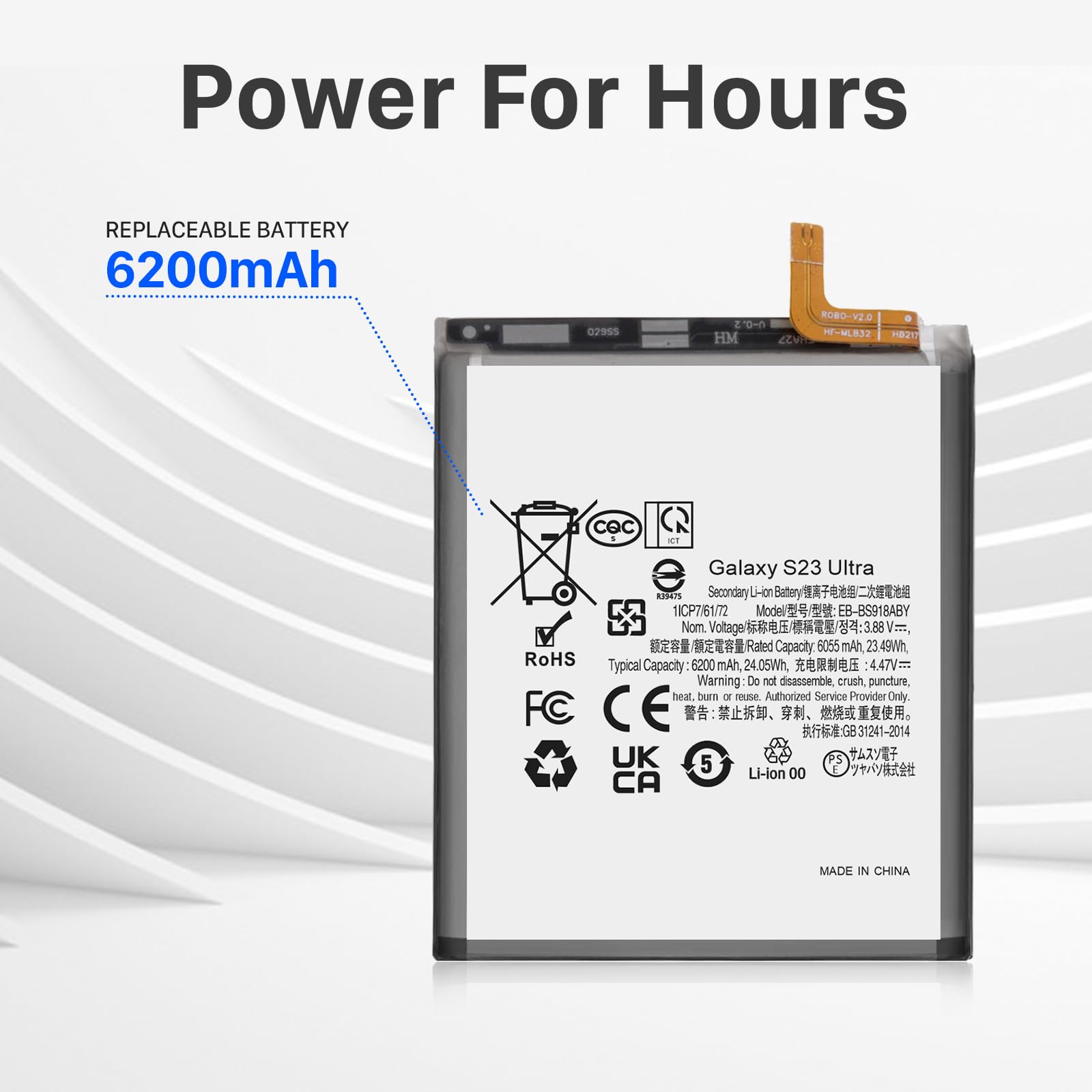 Akku für Galaxy S23 Ultra, 6200mAh EB-BS918ABY Ersatzakku für Galaxy S23 Ultra SM-S918U SM-S918B SM-S918U1 mit Reparaturwerkzeug (Nicht für S23)