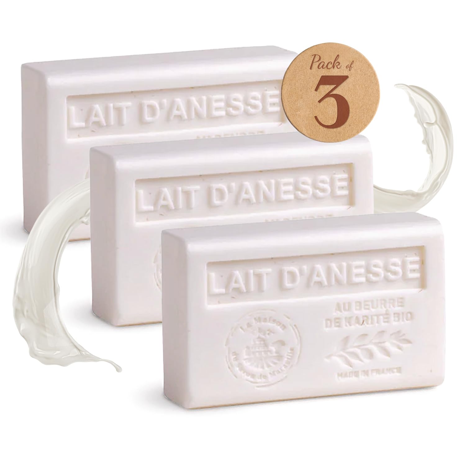 Hand & Body Soap Bars Trio - Donkey Milk Moisturizing French Soap with Organic Shea Butter - Rich Creamy Lather - 97% Natural Ingredients - Solid Bath Cleanser Made in Provence - 3x4.4 oz