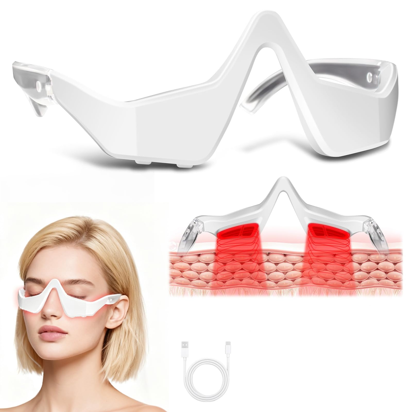 Gafas de Terapia de Luz Roja para Ojos, Dispositivo contra Ojeras, Bolsas & Fatiga, Masajeador Ocular LED Recargable 3 Modos, Regalo de Belleza Portátil para Mujer/Hombre