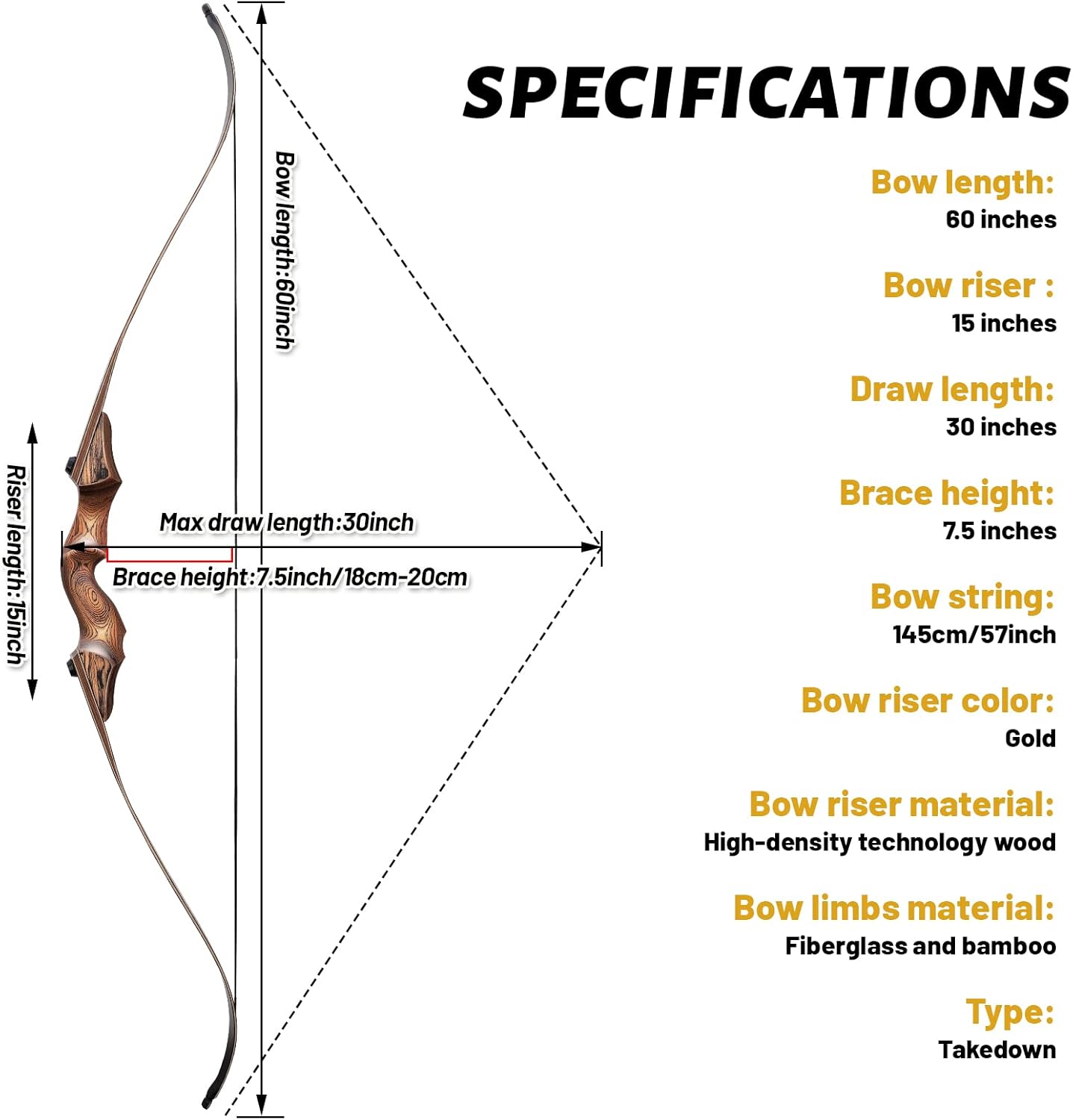 60" Black Hunter Takedown Recurve Bow 20-60 Lbs Wood Riser Right Hand Archery Bow Recurve Practice Bow with Arrows and Extra Bowstring for Adults Target Parctice