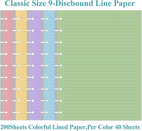 Miniatura 7 de 9 discos de 5 líneas coloridas de papel preperforado Happy Planners insertos, 100 hojas200 páginas, tamaño clásico, hojas sueltas, por color, 20