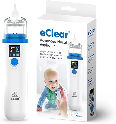 Elepho eClear Aspirador nasal avanzado para bebés. Fácil de usar con tecnología de protección contra desbordamiento. Múltiples ajustes de succión