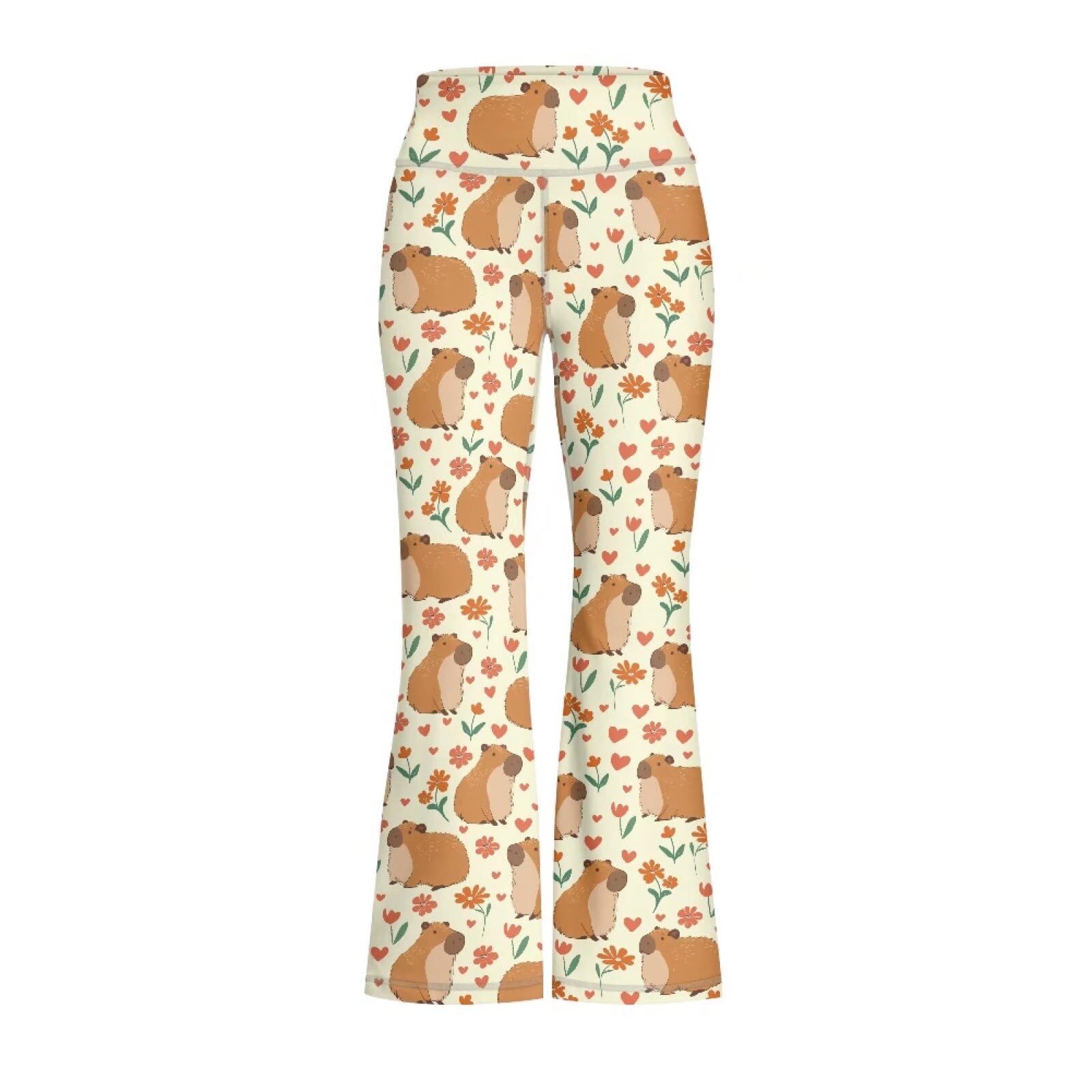 YORXINGY Texture Copybara Cute Yoga Pants for Girls 7-8 Girls Bell Bottom Pants High Waist Floral Graphic Pants Slit Flared Yoga Trousers for Church Bridesmaid Graduation