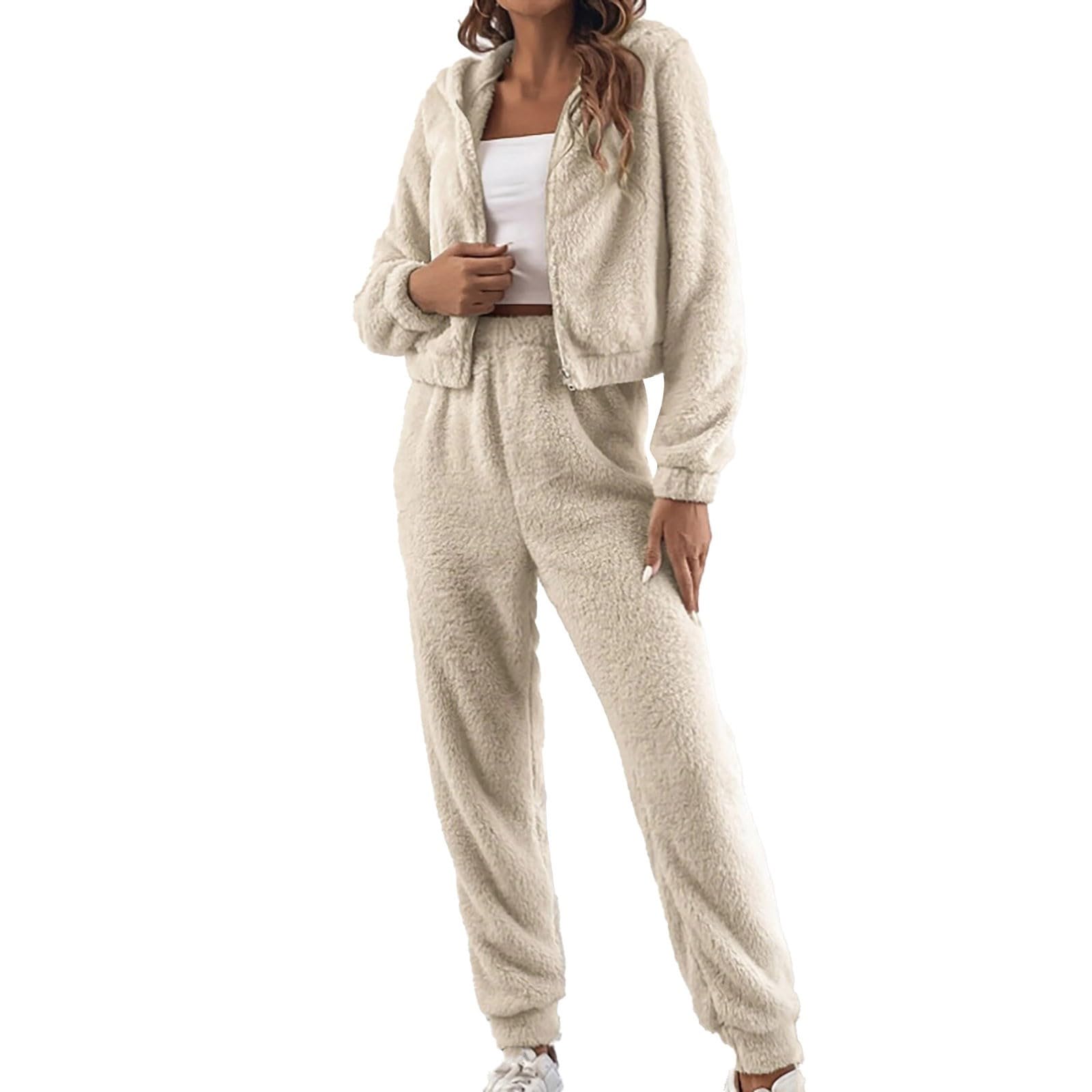 Tuta da jogging da donna, in 2 pezzi, per autunno e inverno, calda giacca con cappuccio e pantaloni sportivi, con vita elasticizzata, tinta unita, elasticizzata, per attività all'aria aperta, corsa