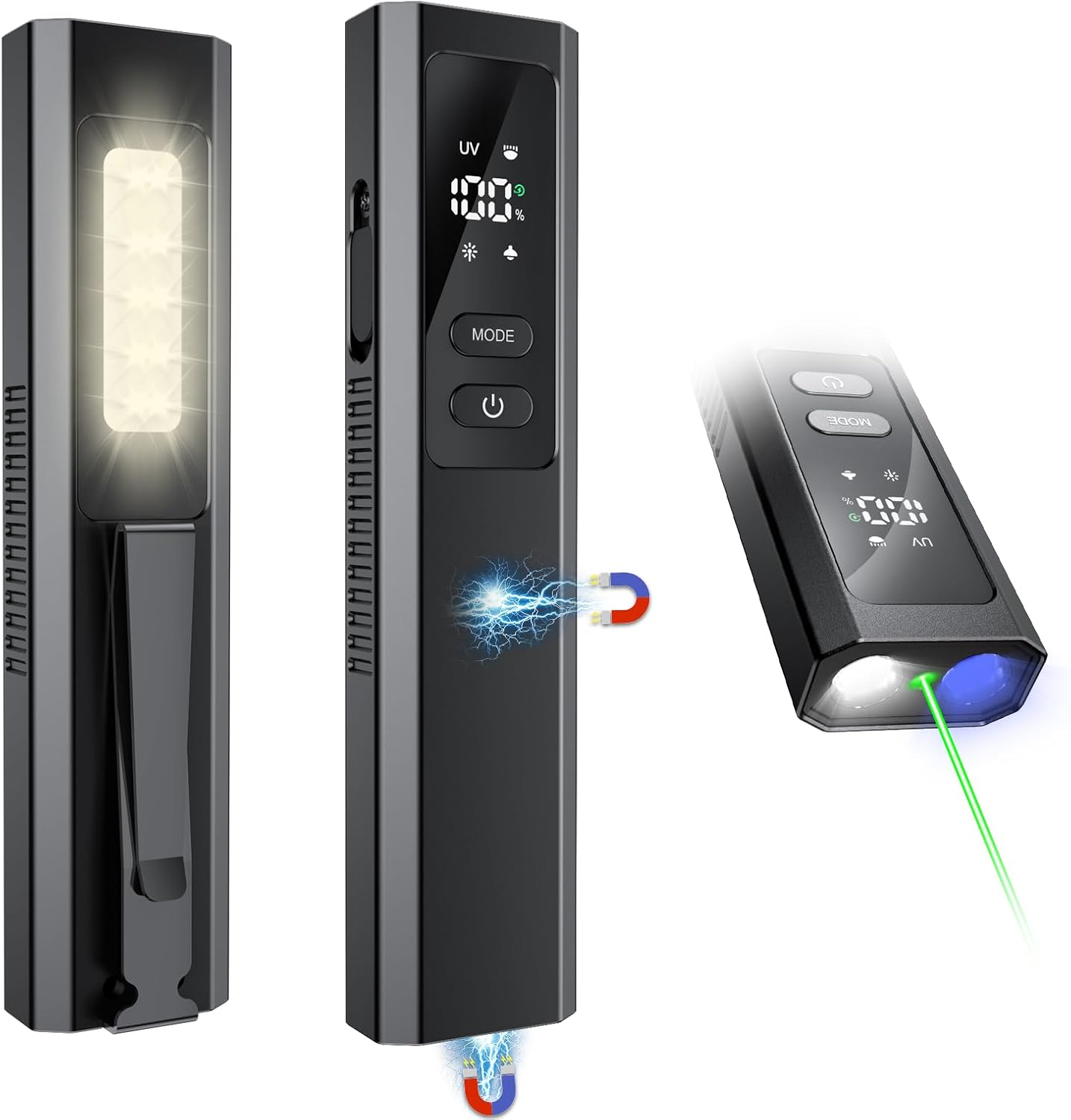 EDC Flashlight 4 in 1 Pocket Magnetic Flashlight Excessive Lumens Work Gentle with Inexperienced Beam & UV Gentle & Warning Gentle Combo EDC Rechargeable LT-010 (Black)