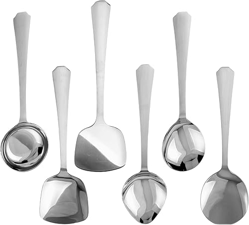 CRAFTONE Juego de utensilios de cocina de acero inoxidable (6 piezas) incluye cucharón, volteador, servir, cocinar, arroz, cuchara ovalada, juego de