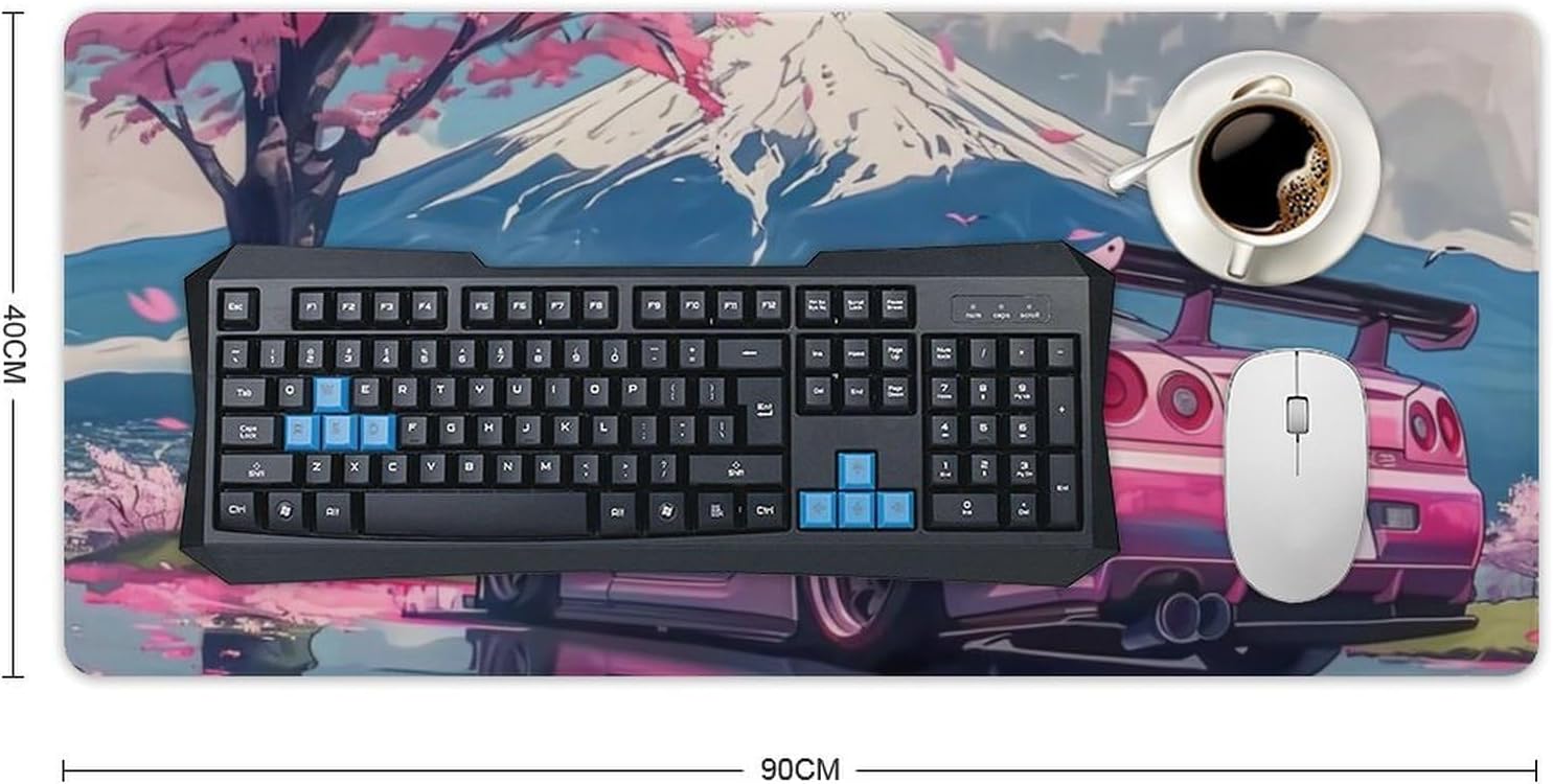 Large Mouse Pad Overlock Edge Rubber Desk Mat Computer Accessories Gaming Office Decor Table Pad Essentials Keyboard Pads for Desk Pink JDM Car R34 Mount Fuji Cherry Blossoms 40x90cm