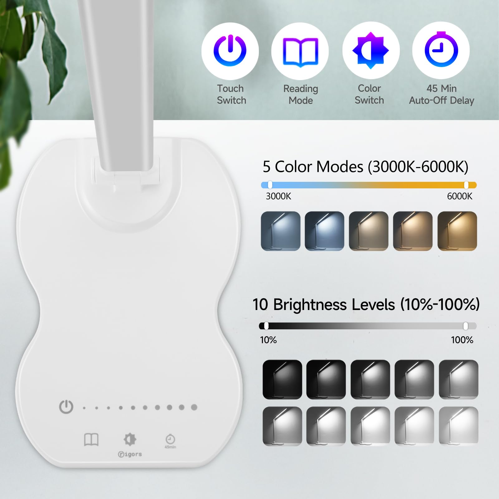 rigors Lampada da Scrivania, 5 Modalità, 10 Livelli di Luminosità, Lampada da lavoro con porta di ricarica USB, Lampada da Tavolo con Touch, Funzione Timer Funzione Memoria per Cameretta,Ufficio