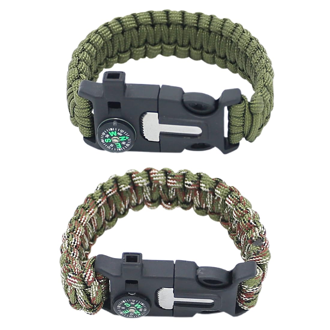 NJCXOLA Bracciali di kit campeggio, 2 pezzi kit di sopravvivenza con pietra focaia accendi fuoco, raschietto, bussola, fischietto e paracadute fibbia per escursionismo, campeggio