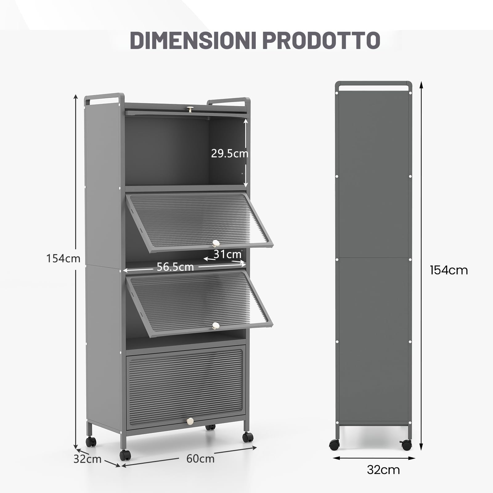 KOMFOTTEU Mobile Dispensa Cucina a 5 Livelli, Mensola Microonde con Anta a Vista, Ruote, Dispositivo Antiribaltamento, Scaffale da Cucina in Ferro per Soggiorno, Sala da Pranzo, 60x32x154cm (Grigio)